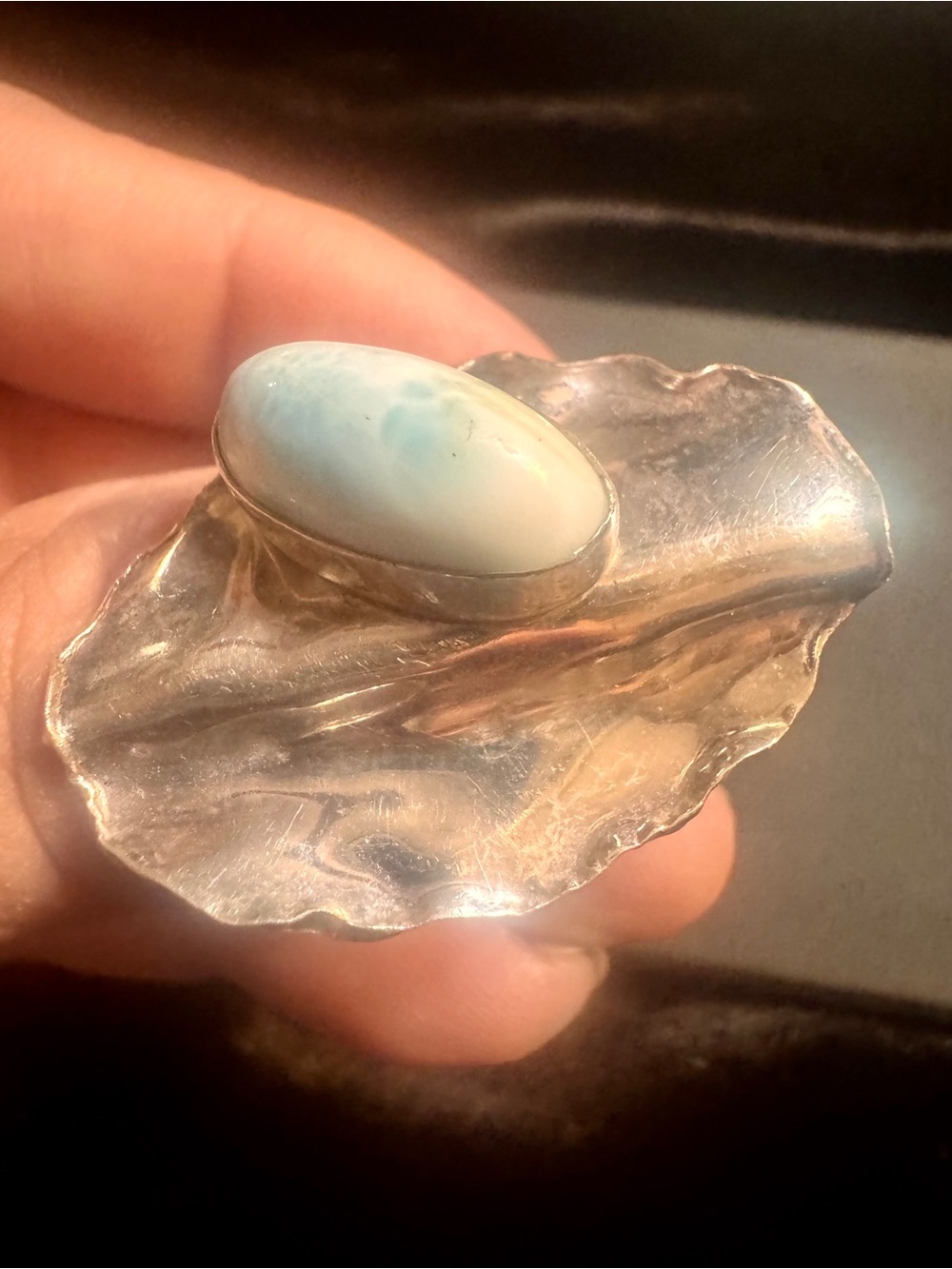 Handcrafted Silver Shell Ring with Larimar signed JS925
